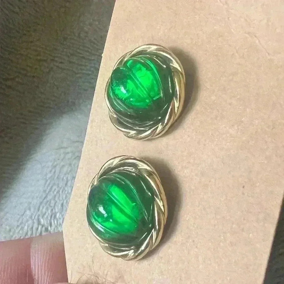 Jewelry - Vintage Gold Tone  & Green Lucite Jelly Belly Pierced Stud Earrings 0.75”
